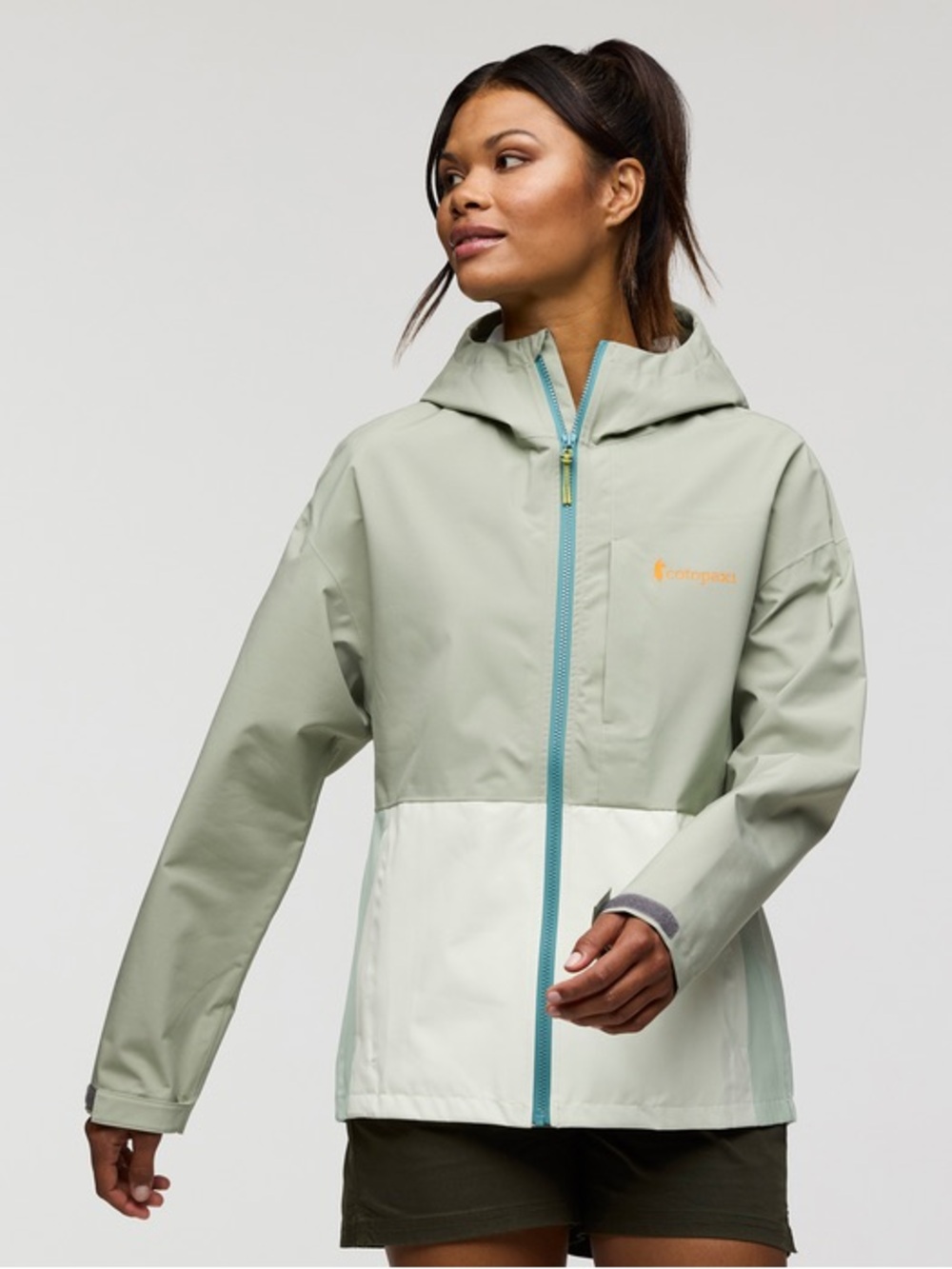 Cotapaxi Sage Green and Cream Hooded Rain Jacket